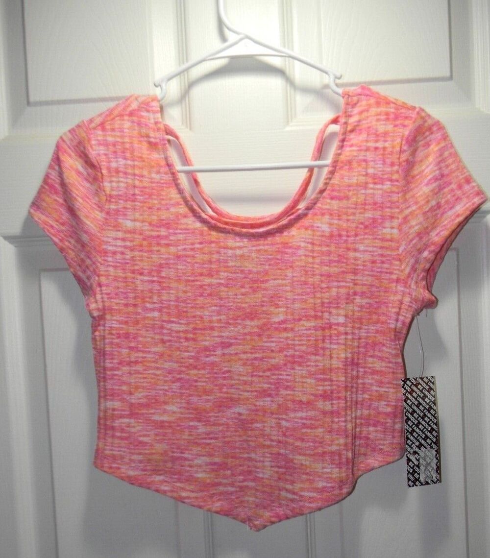 Almost Famous Pink Cropped Tee Asymmetrical Hem V Hem Back Detail Sz L NWT
